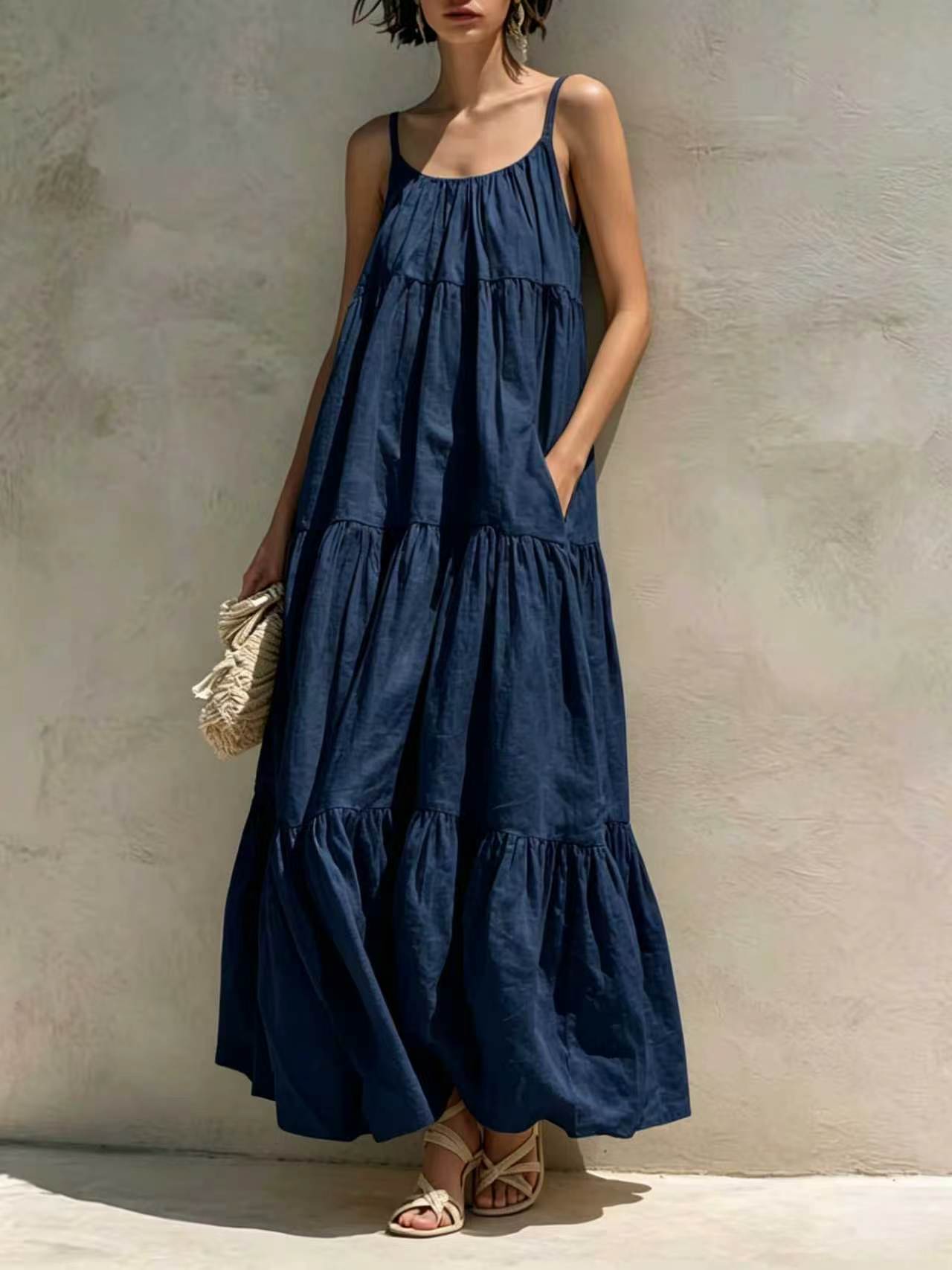 Summer Sleeveless Strap Elegant Stitching A- Dress