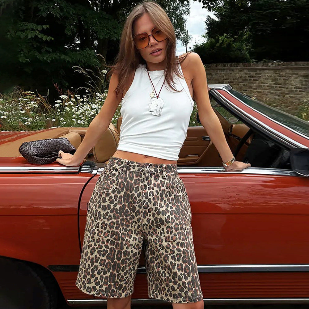 Women's Cotton Leopard Print Fashionable Fifth Style Pants