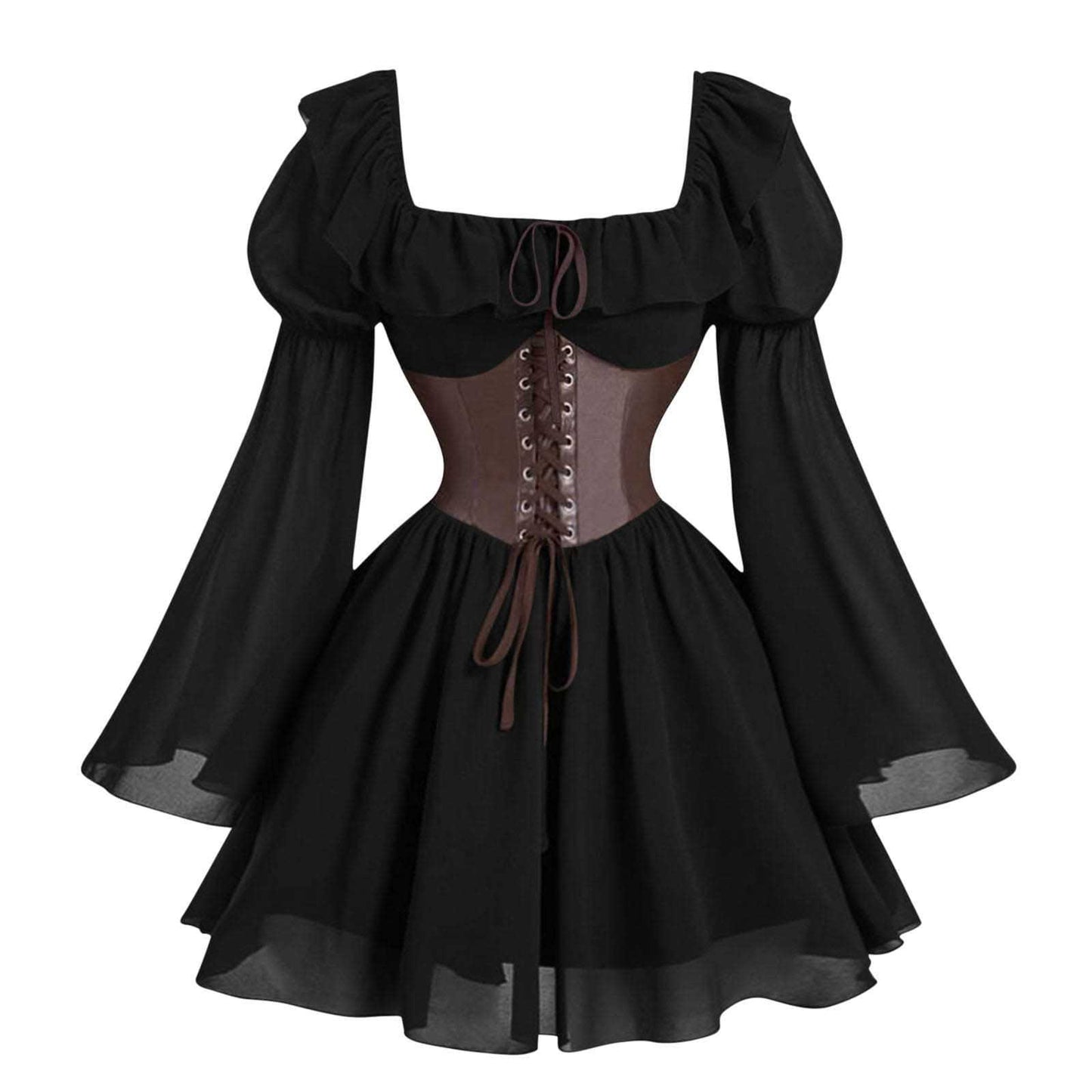 Medieval Puff Sleeve Dress Halloween Drawstring Skirts
