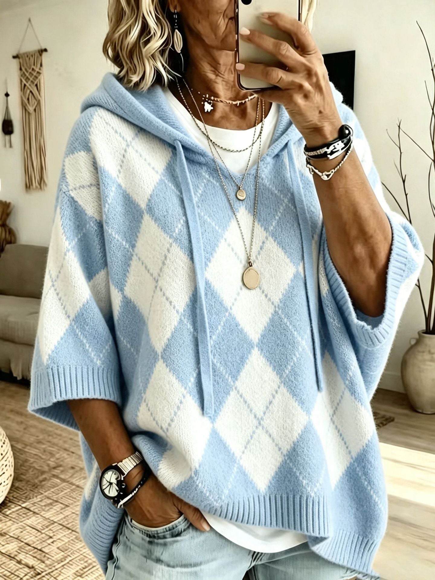 Knitted Plaid Printed Casual Hooded Drawstring Tops