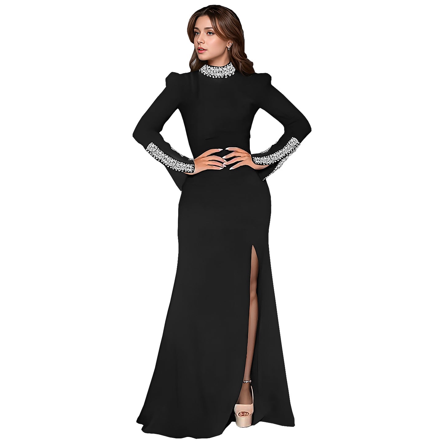 Women's Wear Solid Color Long Sleeve Rhinestone Dresses