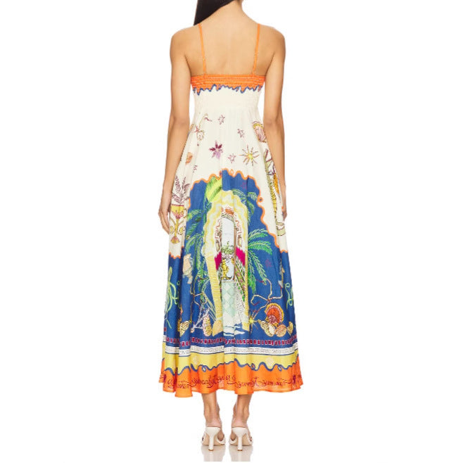 Women's Summer Elegant Printed High Waist Sling Large Swing For Island Dress