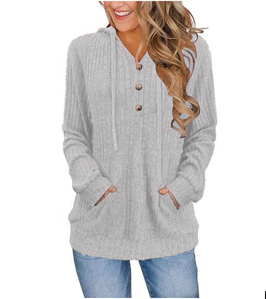 Women's Long Sleeve Hoodie Brushed Sunken Stripe Solid Color Loose Casual Sweater