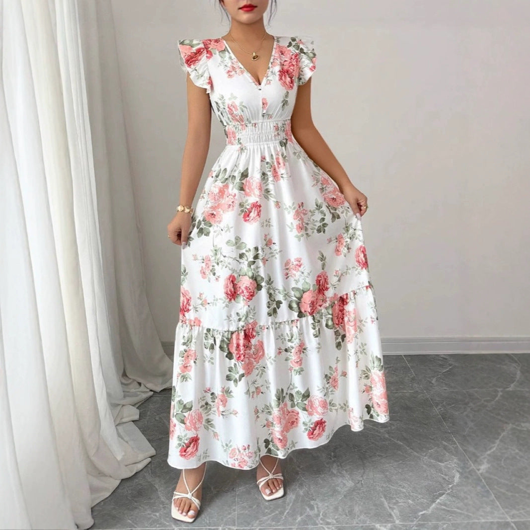 Women's Sleeveless Sleeve Elegant Graceful Printed Ruffle Plant Dress