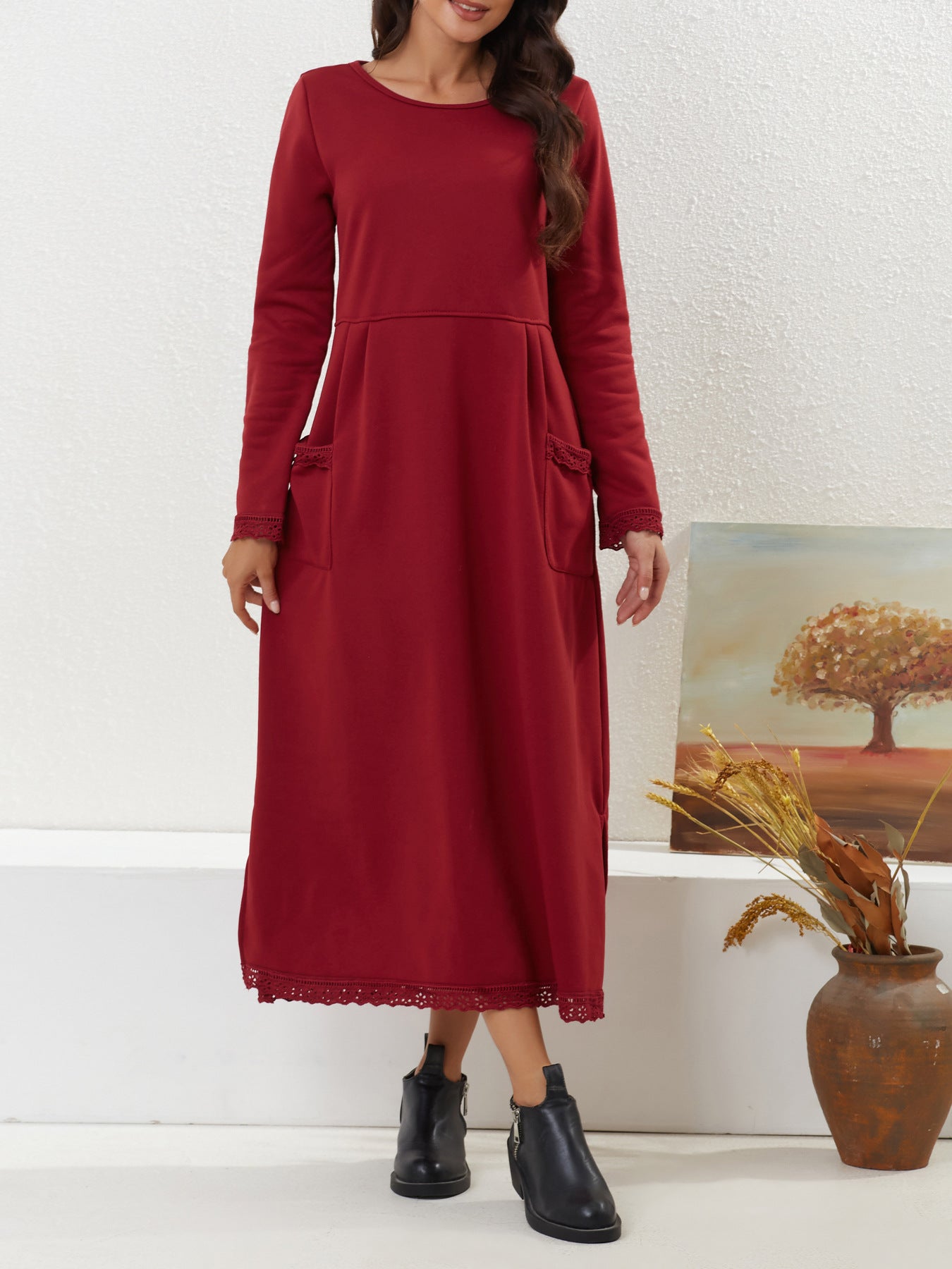 Autumn Loose Oversized Knit Lace Brushed Hoody Dress