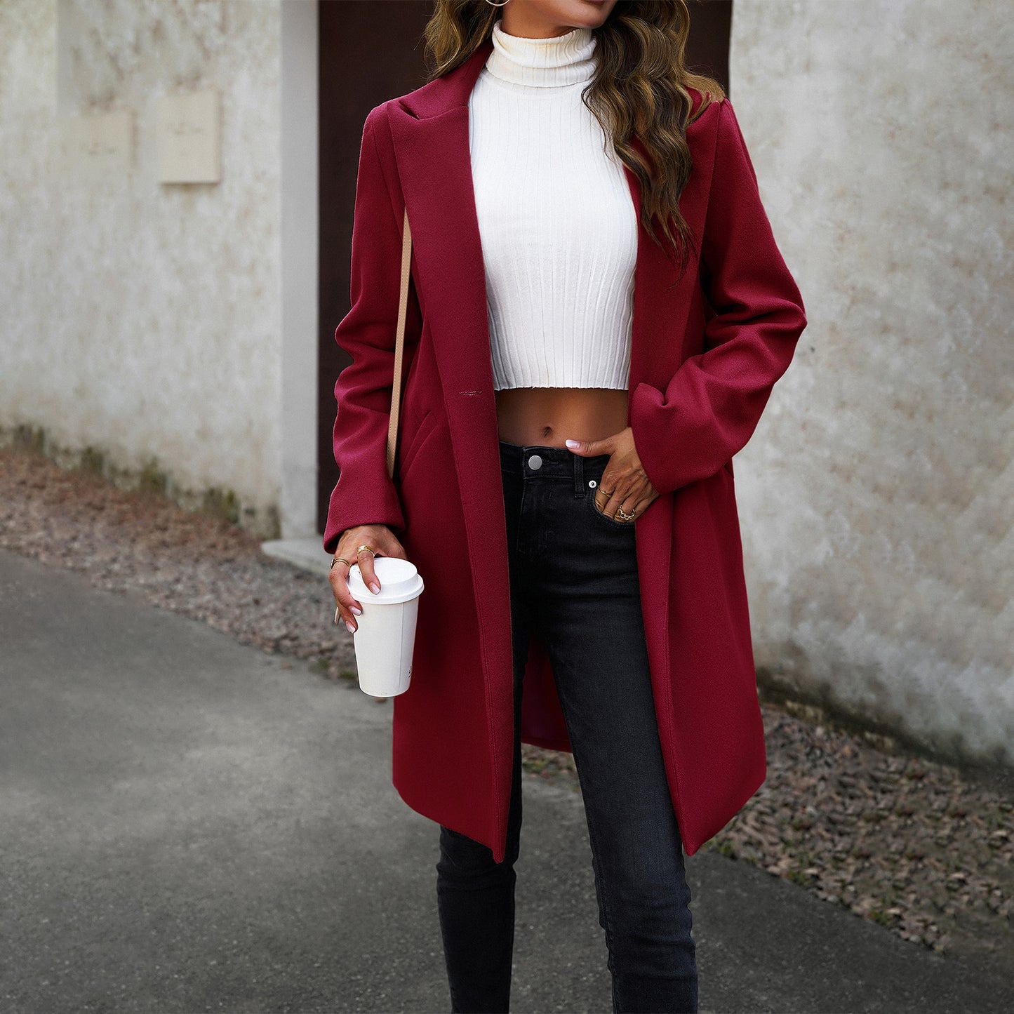 Slouchy Woolen Solid Color Temperament Commute Coats