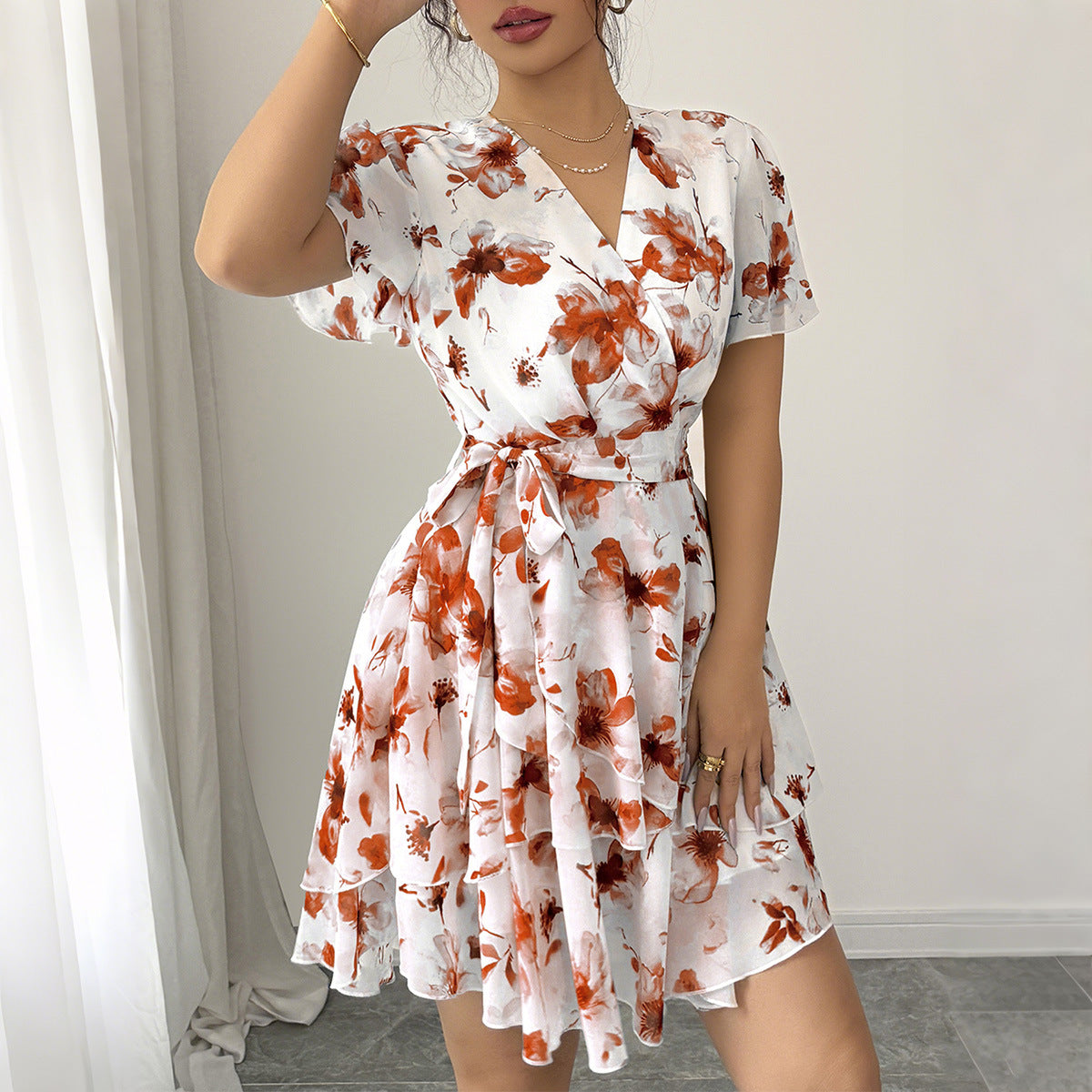 Women's Casual Holiday Floral Print Sleeve Cake Skirts