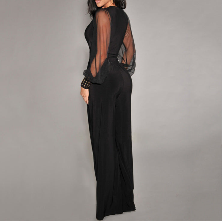 Attractive Sexy Mesh Stitching Rivet Straight Jumpsuits