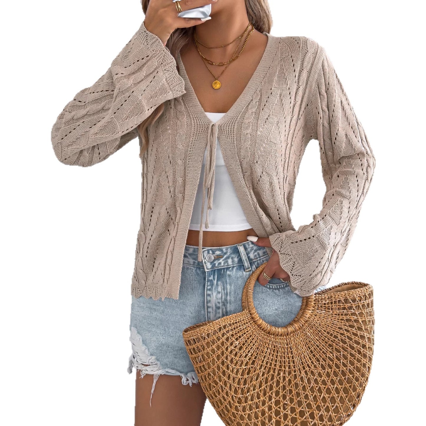 Women's Color Hollow Out Tied Flare Sleeve Cardigans