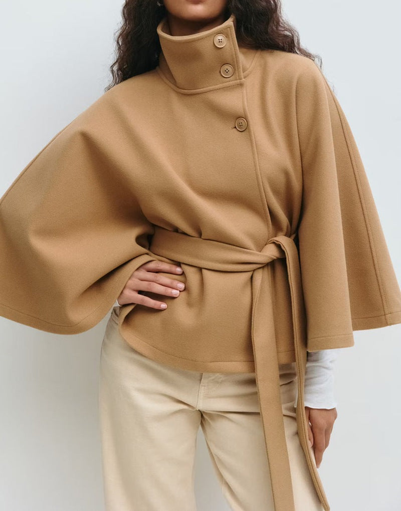 Women's Color Cloak Stand Collar Button Belt Coats