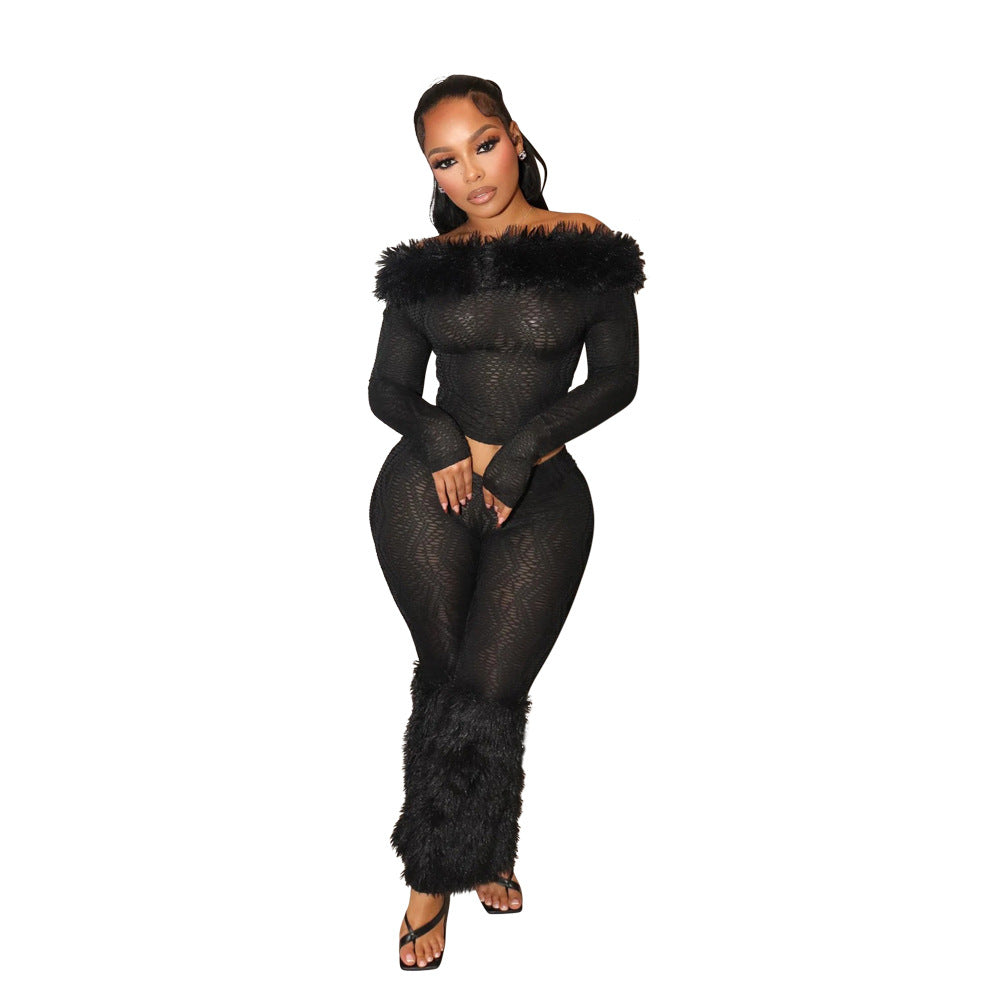 Long Sleeve Trousers Furry Two-piece Set Tops