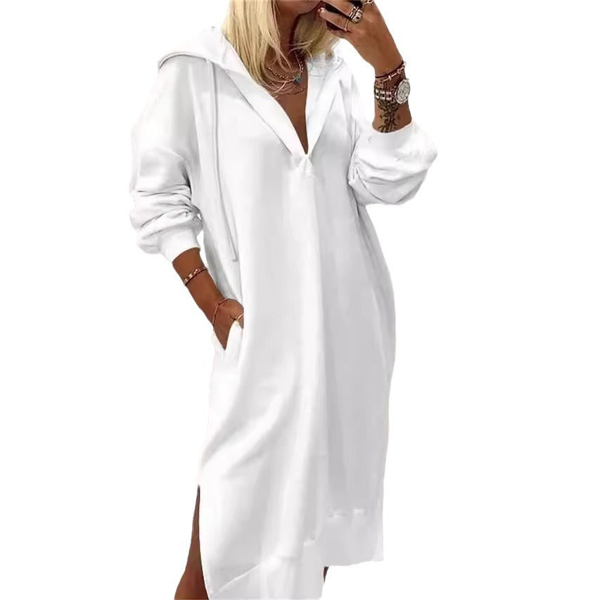 Women's Hoodie Solid Color Hem Split Hooded Dresses