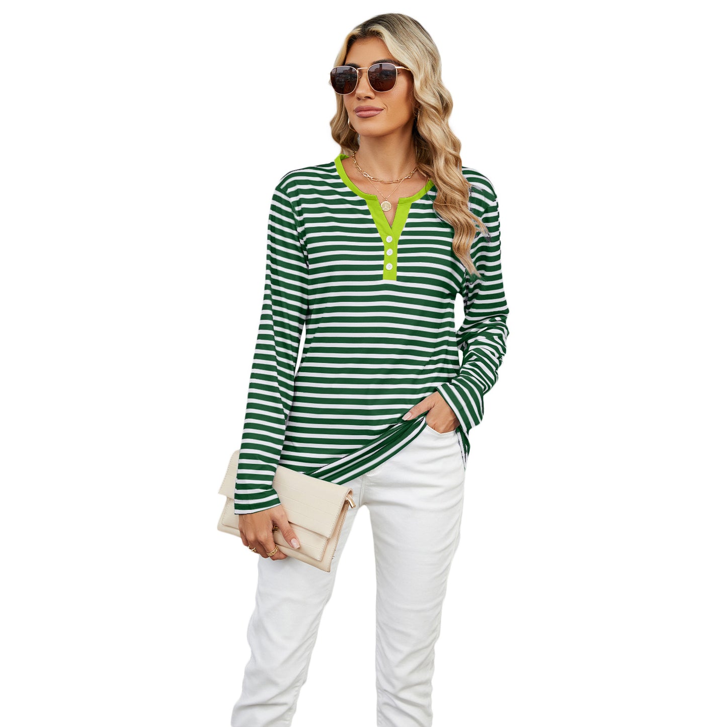 Women's Contrast Color Striped Loose Long Sleeve Blouses
