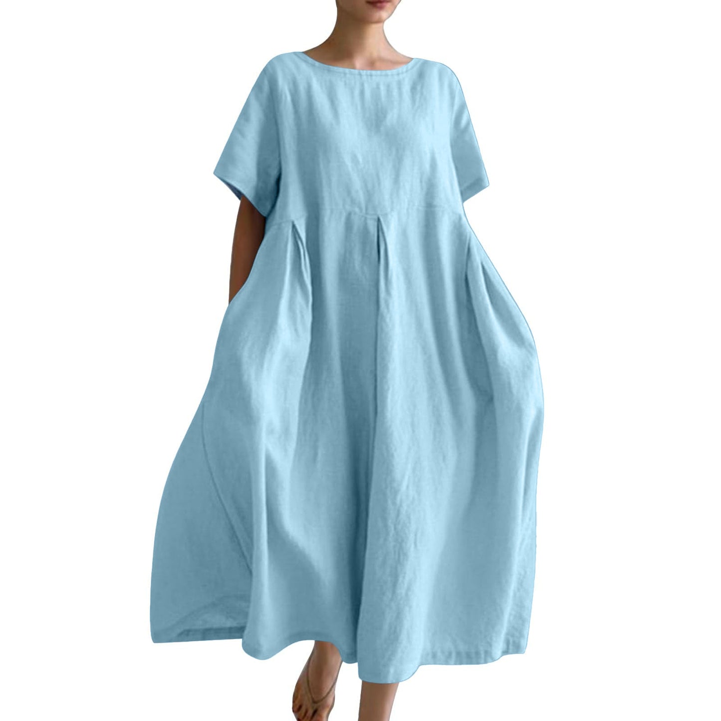 Women's Cotton Linen Loose Round Neck Fashion Dress