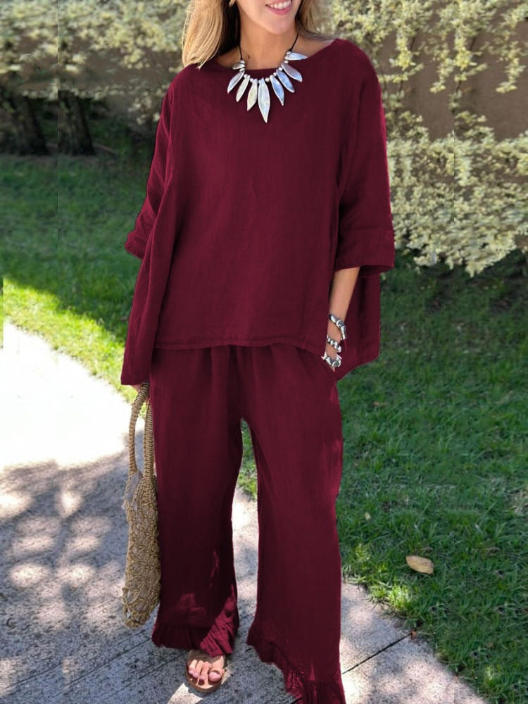 Women's Cotton Linen Solid Color Loose Trousers Fashion Casual Suit