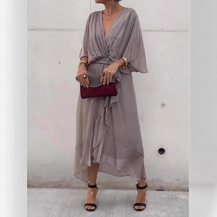 Women's Pure Color Tied Long Batwing Sleeve Dress