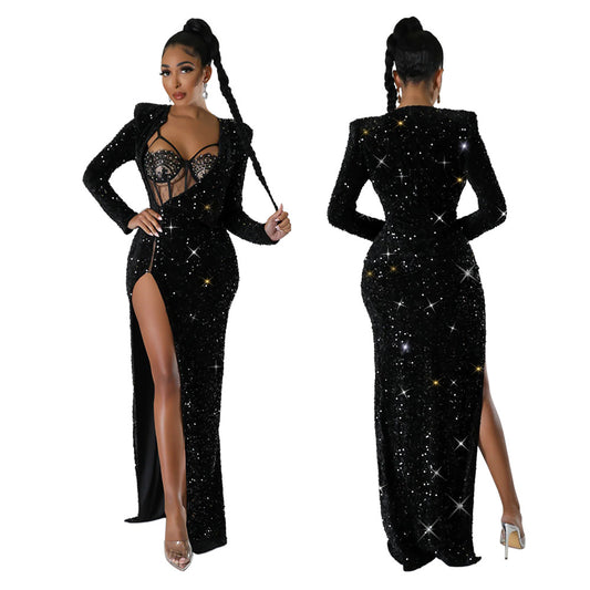 Women's Color Sequins Sexy Slit Maxi Dress Suits