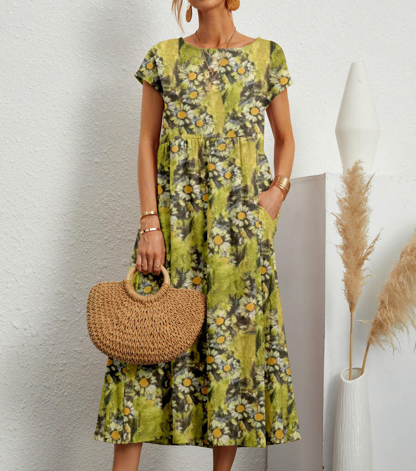 Women's Cotton Linen Sleeveless Round Neck Printed Dresses