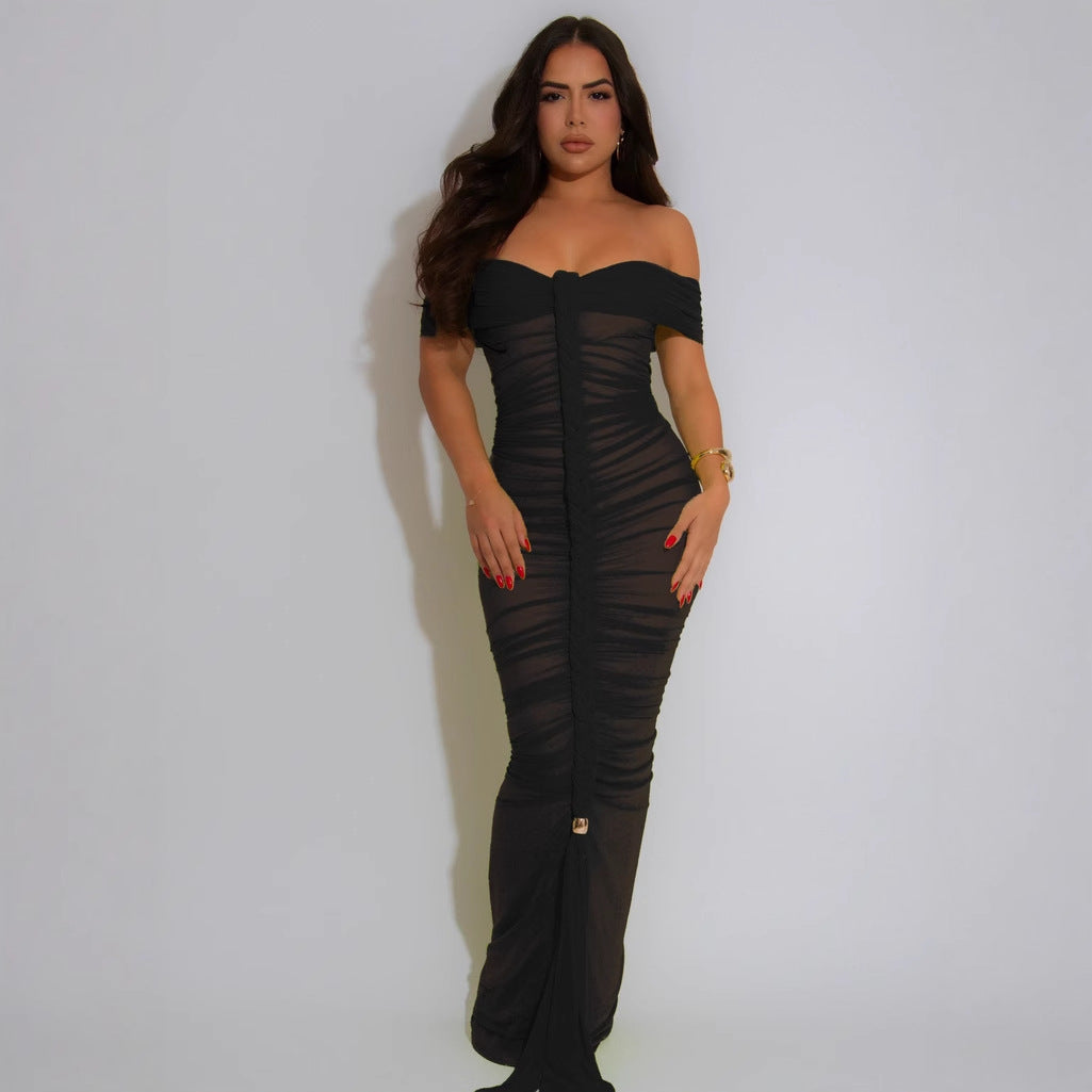 Women's Fashion Sexy Pleated Mesh Maxi Dress Dresses