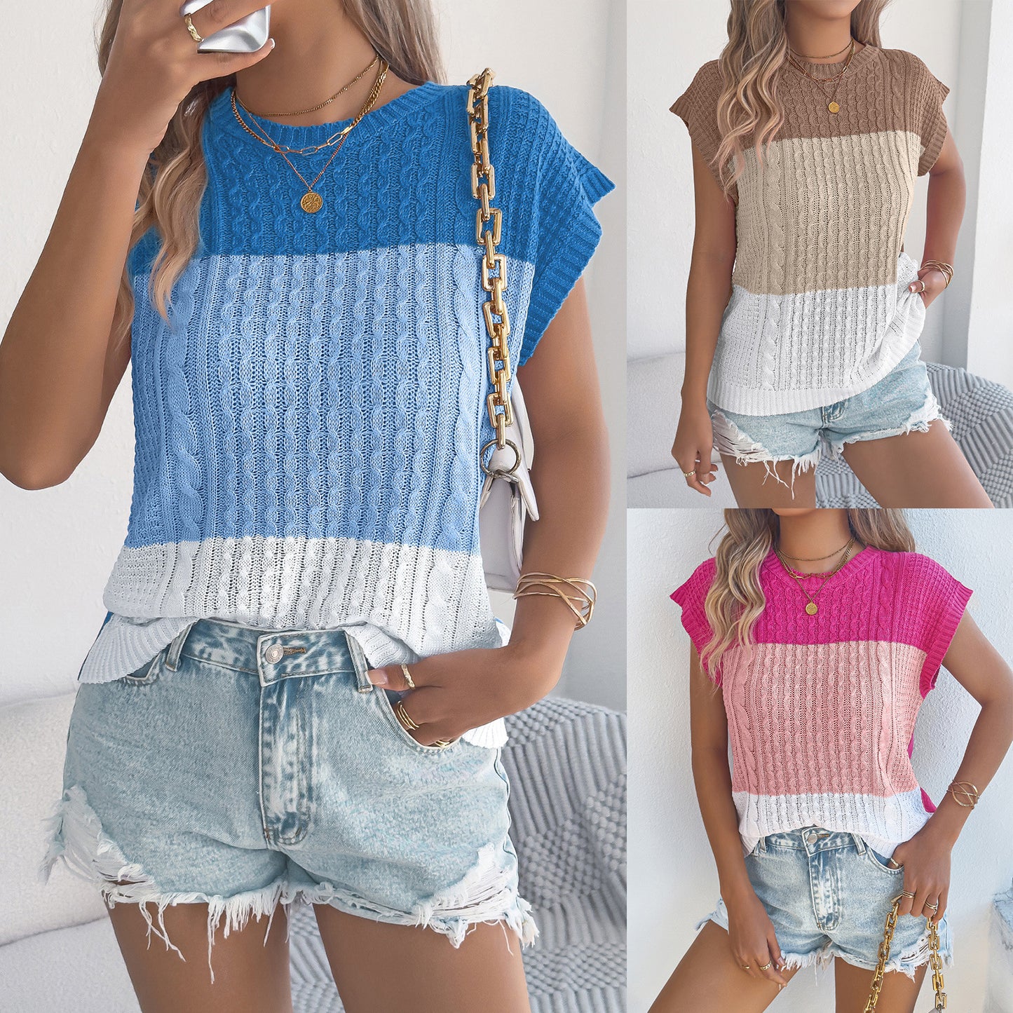 Women's Color Matching Twist Casual Loose Batwing Sleeve Women's Sweater