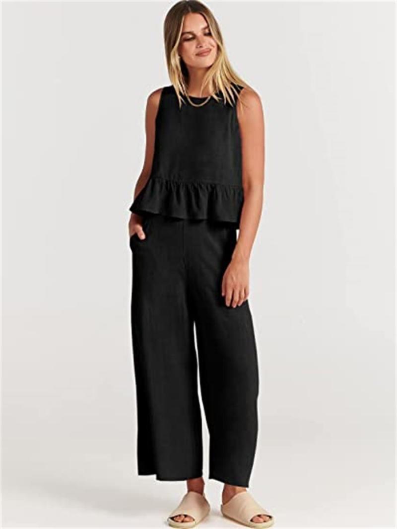Women's Summer Sleeveless Pleated Wide Leg Cropped Pants
