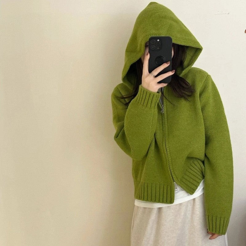 Women's Idle Hooded Knit Loose High-grade Double Zipper Women's Sweater