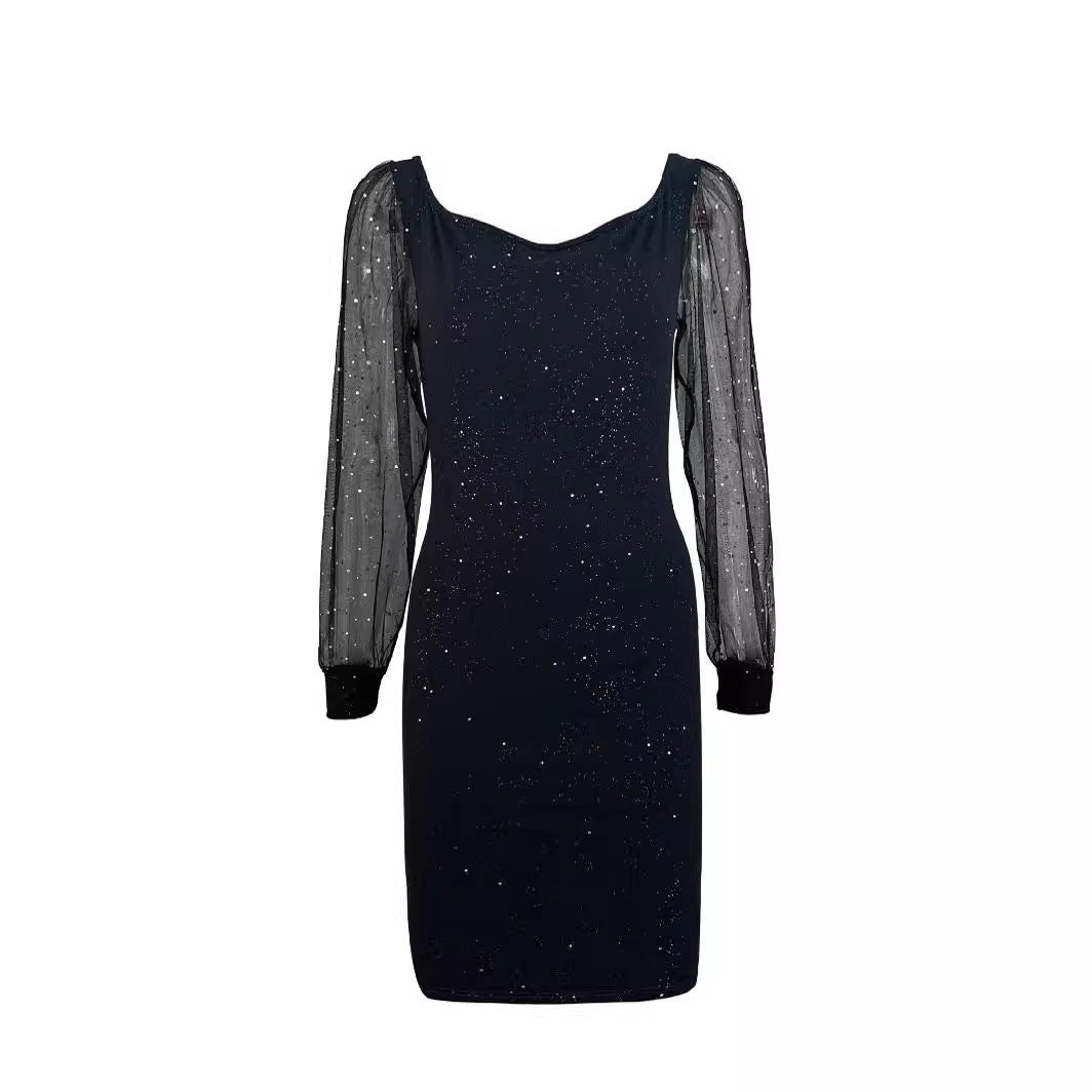 Women's Elegant Sexy Mesh Sleeves Gilded Sheath Dress