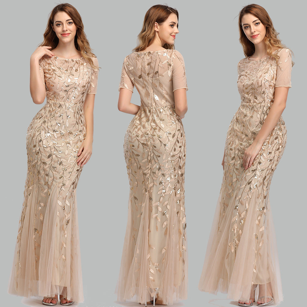 Women's Banquet Host Mesh Sequins Dress Fishtail Dresses