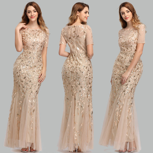 Women's Banquet Host Mesh Sequins Dress Fishtail Dresses