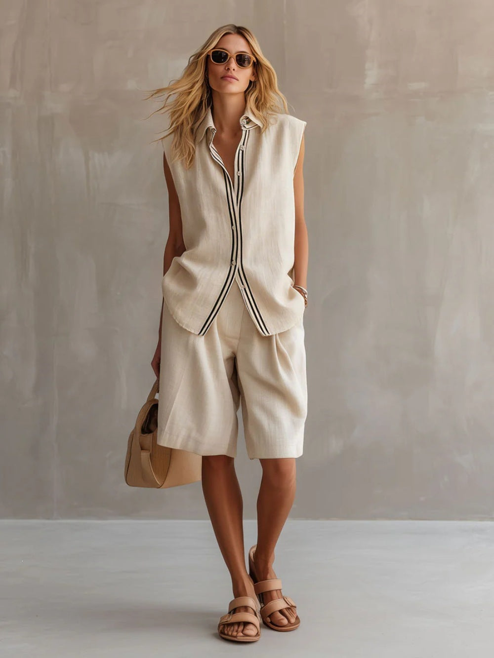 Women's Summer Wear Single-breasted Sleeveless Linen Bushing Fashion Casual Suit