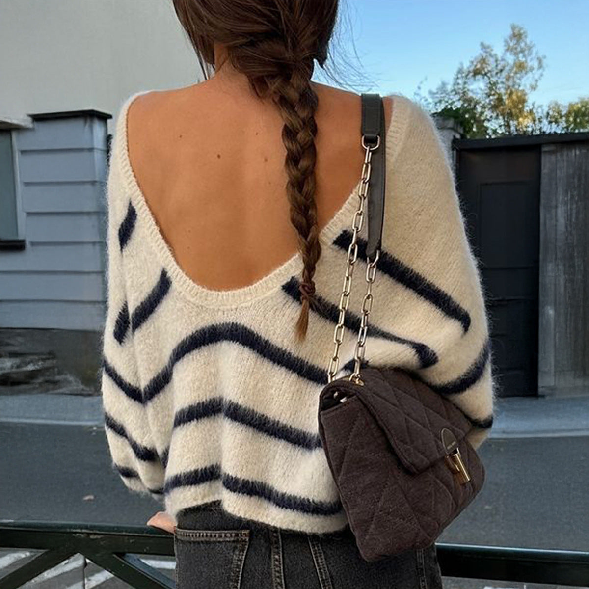 Slouchy Women's Casual Striped Wool Long-sleeved Sweater