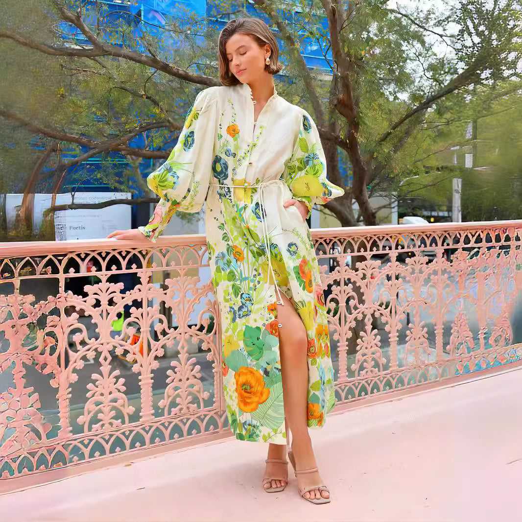 Single-breasted Long Lantern Sleeve Iti Printing Dresses