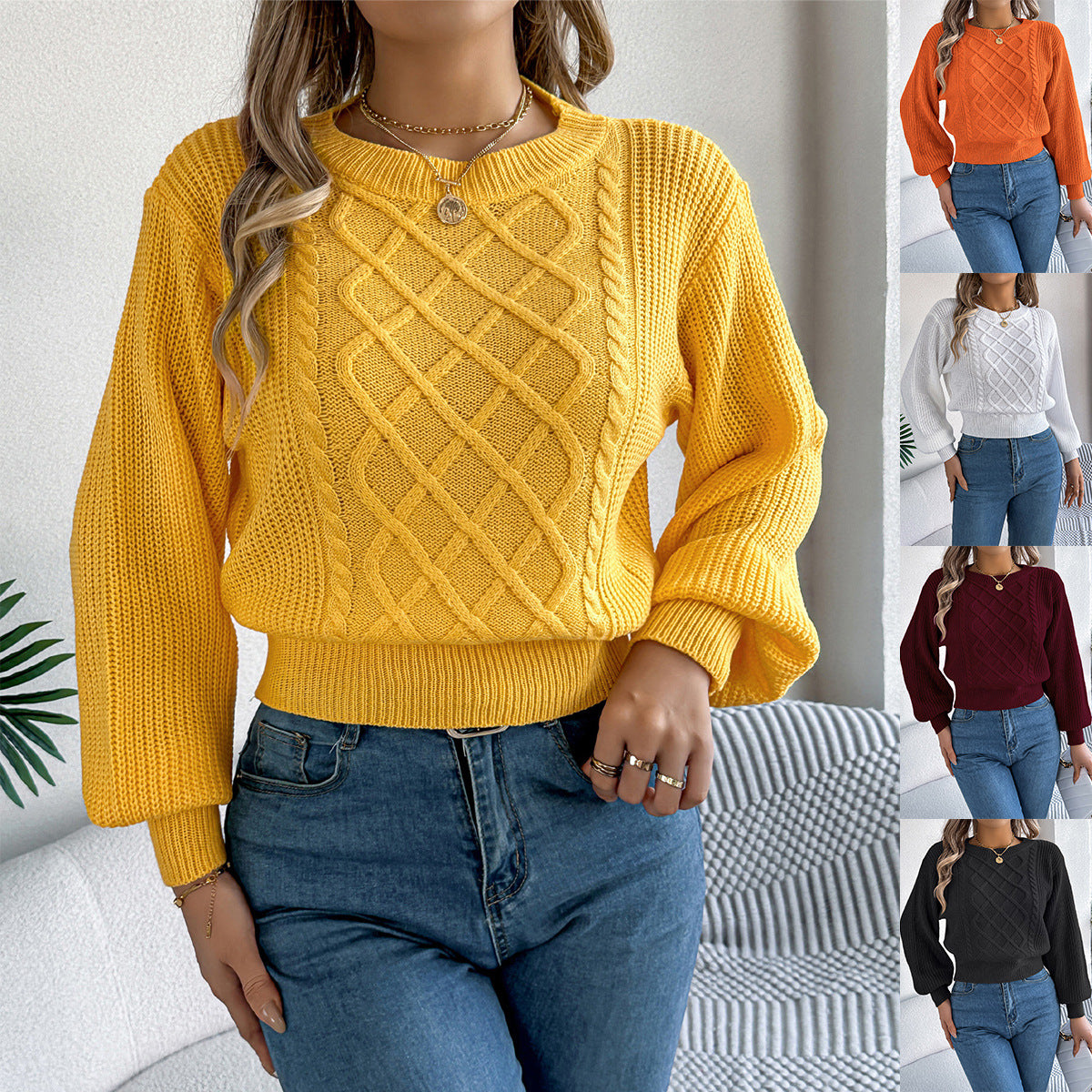 Women's Solid Color Twist Lantern Long Sleeve Sweater