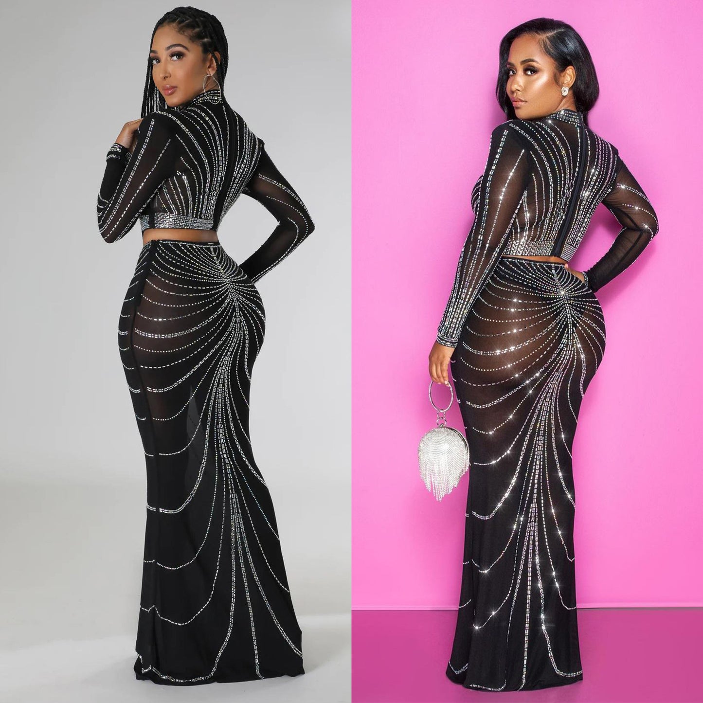 Women's Sexy Long Sleeve Mesh Rhinestone Two-piece Suits