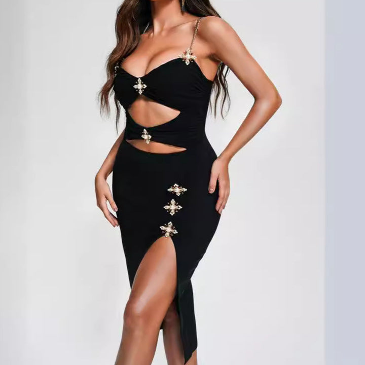 Straps Chest Wrap Sexy Nightclub Bar Black Dresses