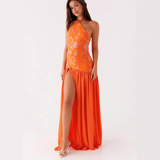 Women's Sequin Sequined Chiffon Stitching Halter Split Sexy Dresses