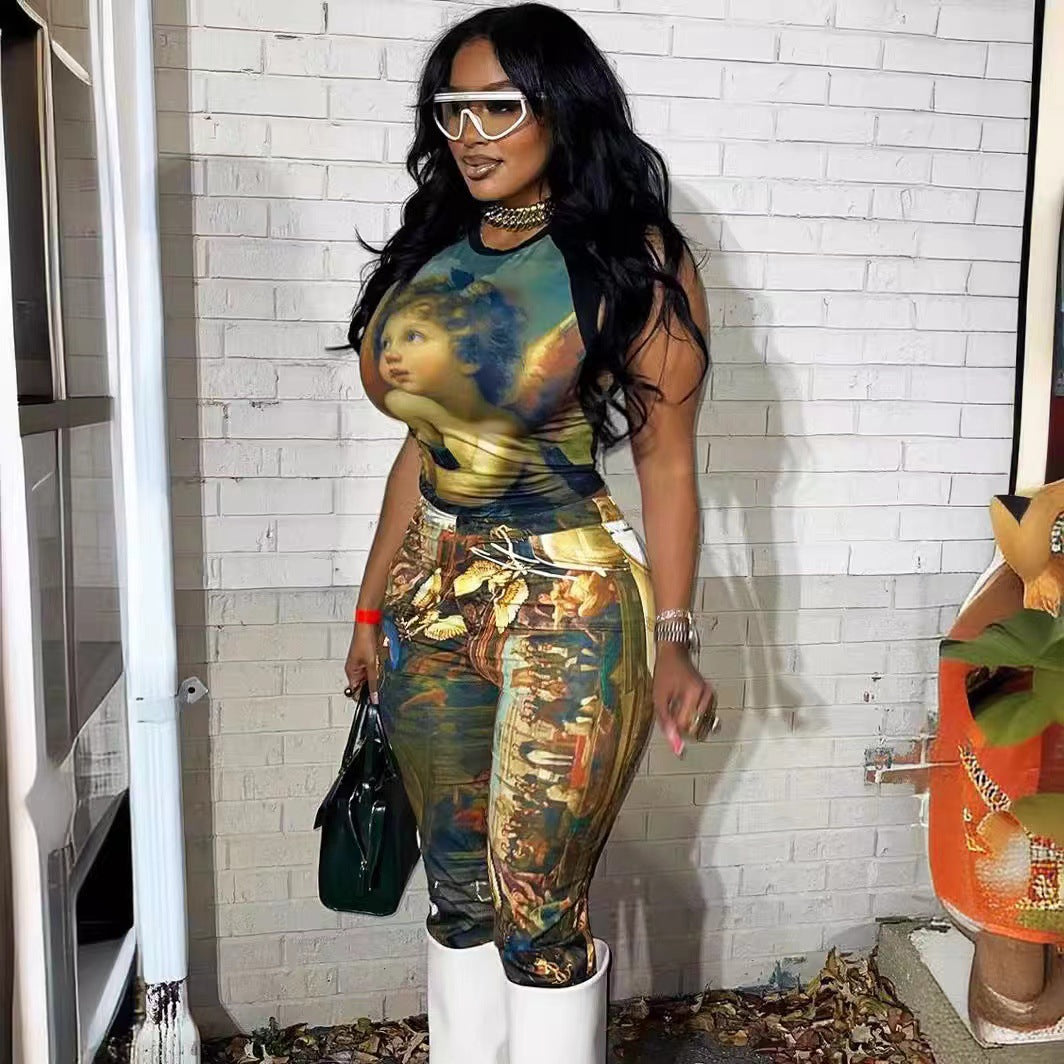 Women's Oil Painting Digital Positioning Printing Set Summer High Fashion Casual Suit