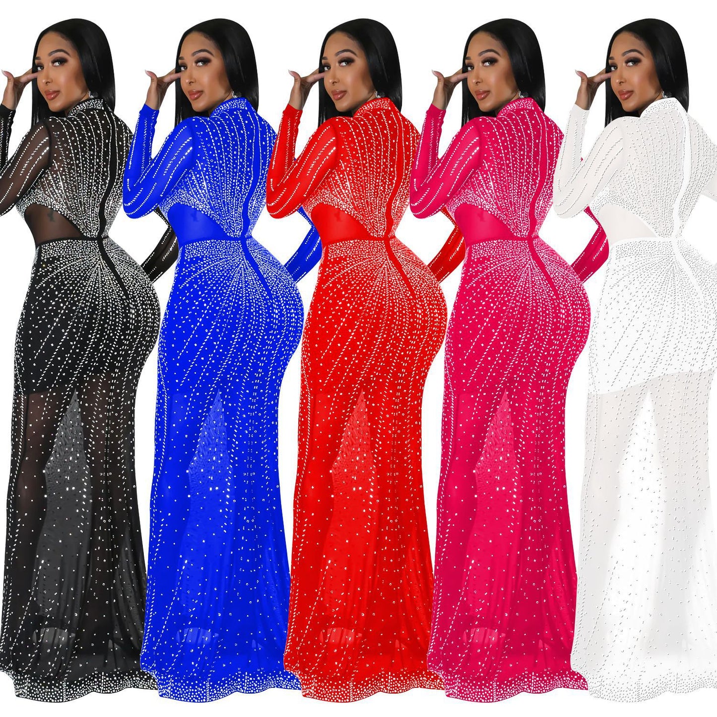 Women's Wear Pure Color Mesh Hot Drilling Dresses