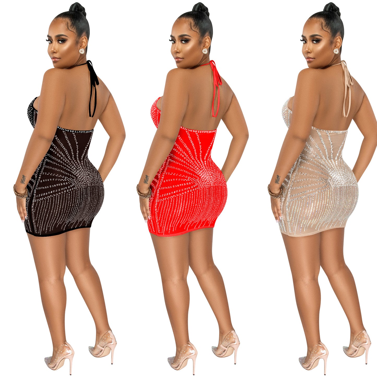 Sexy Spaghetti Straps Chest Wrap Rhinestone Dresses