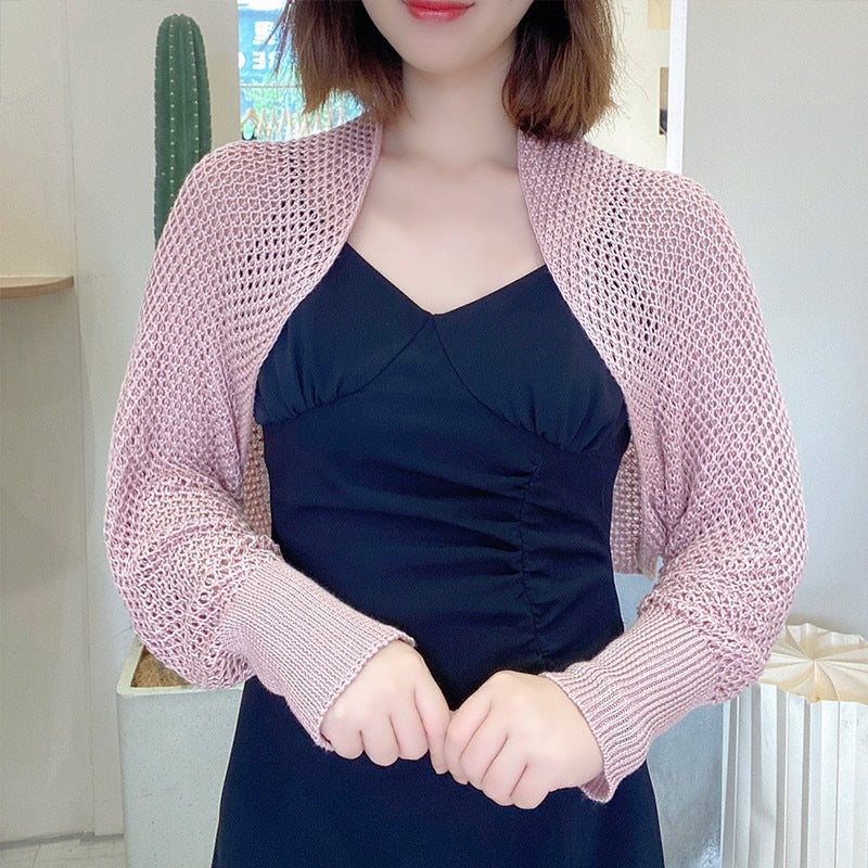 Women's Summer High-grade Long-sleeved Thin Hollow Knitted Small Blouses