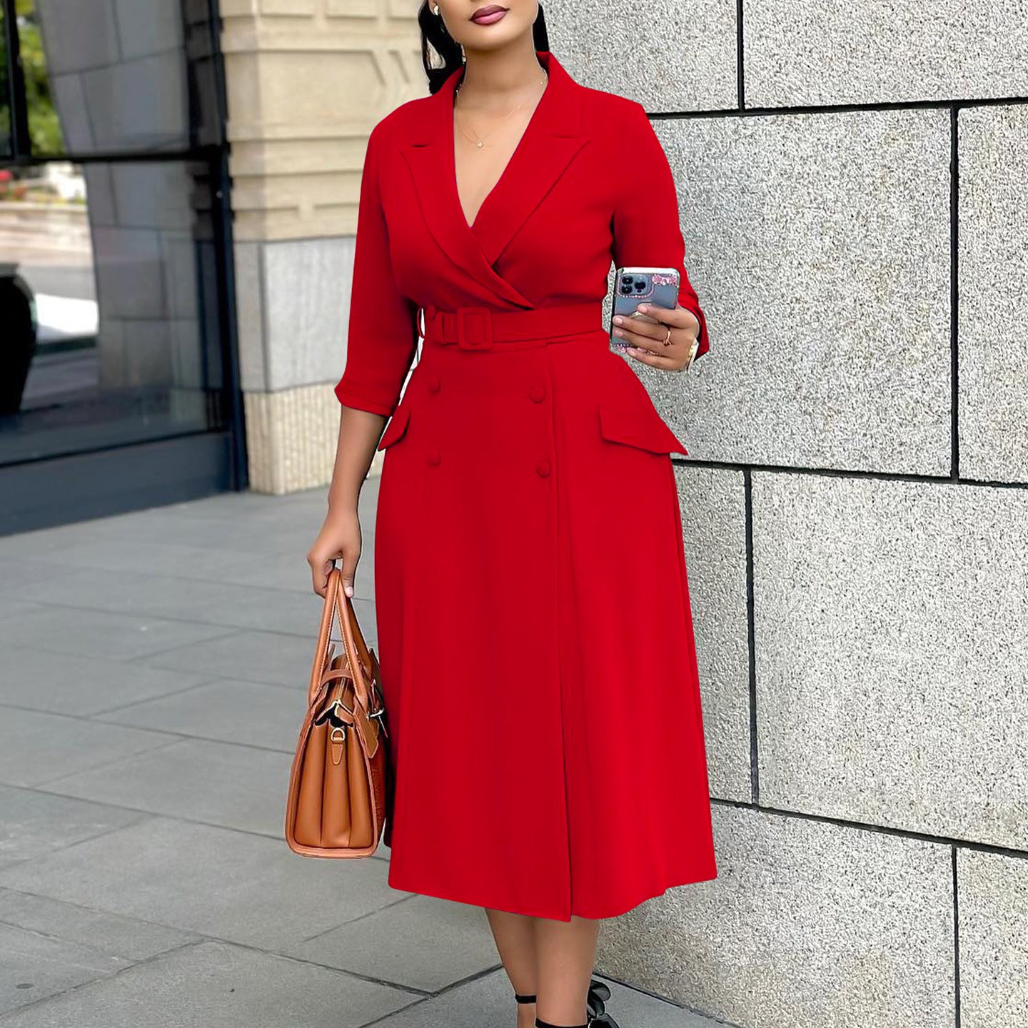 Women's Long Sleeve Collar Double Breasted Midi Dress