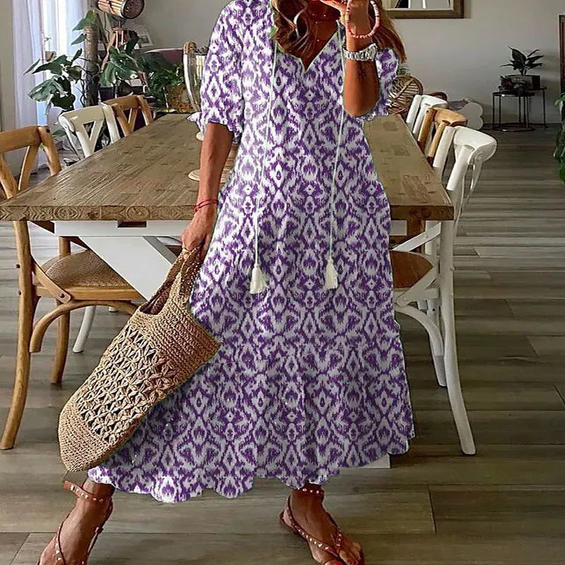Casual Sweet Loose Printed Tassel Long Dresses