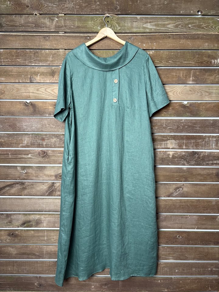 Women's Cotton Linen Casual Loose Pile Collar Sleeve Dress