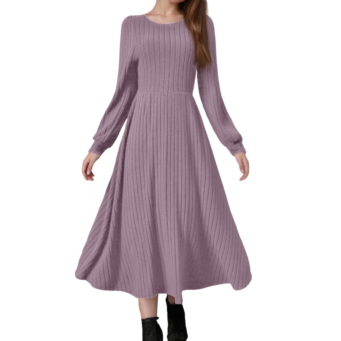 Ladies Fashion Round Neck Long Sleeve Solid Color Casual Sunken Dress