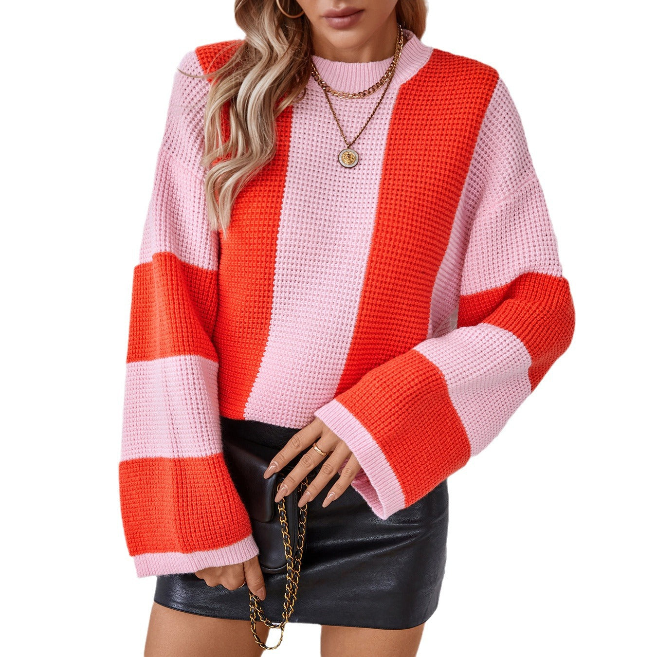 Women's Contrast Color Striped Casual Loose Pullover Sweater
