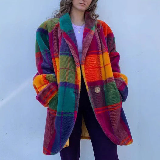 Refined Plaid Color Contrast Patchwork Lapel Coats