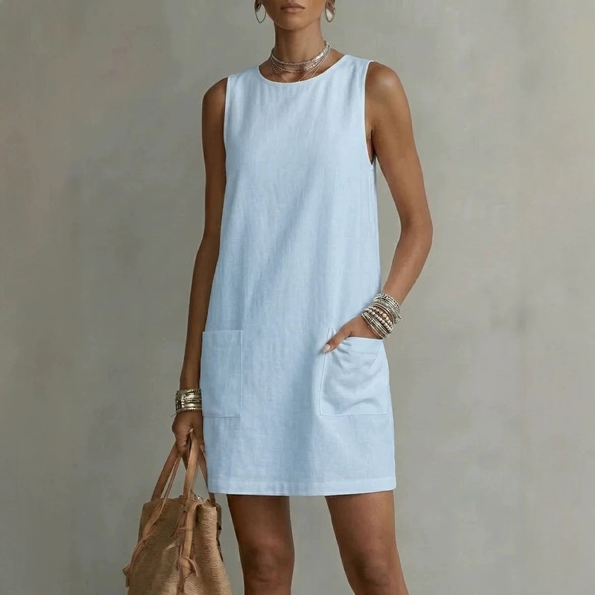 Women's Bohemian Loose-fitting Casual Sleeveless Pocket Solid Dress