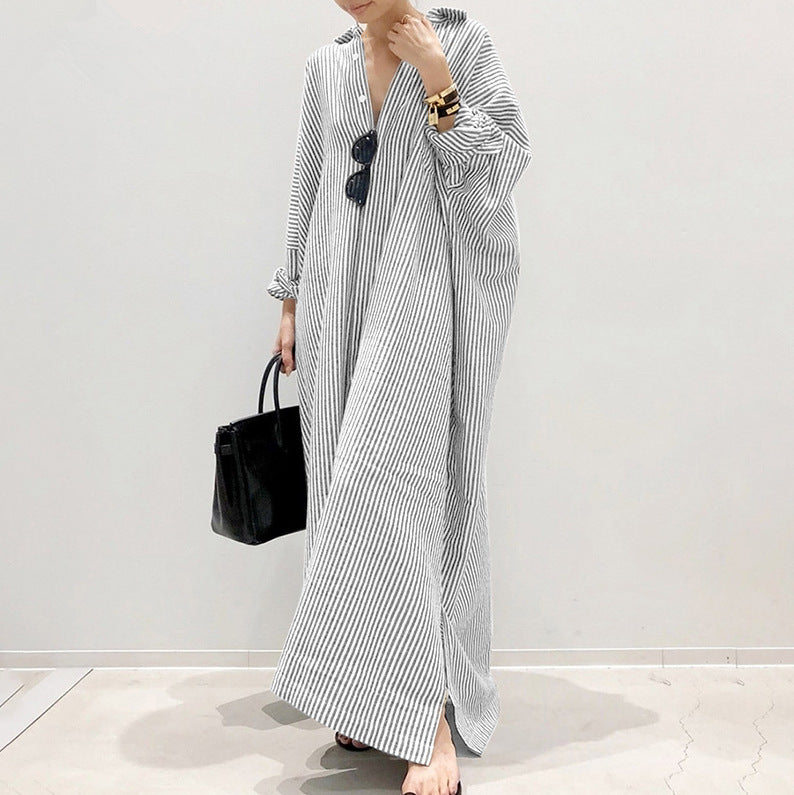 Cotton Linen Stripes Loose Temperament Commuting Dress