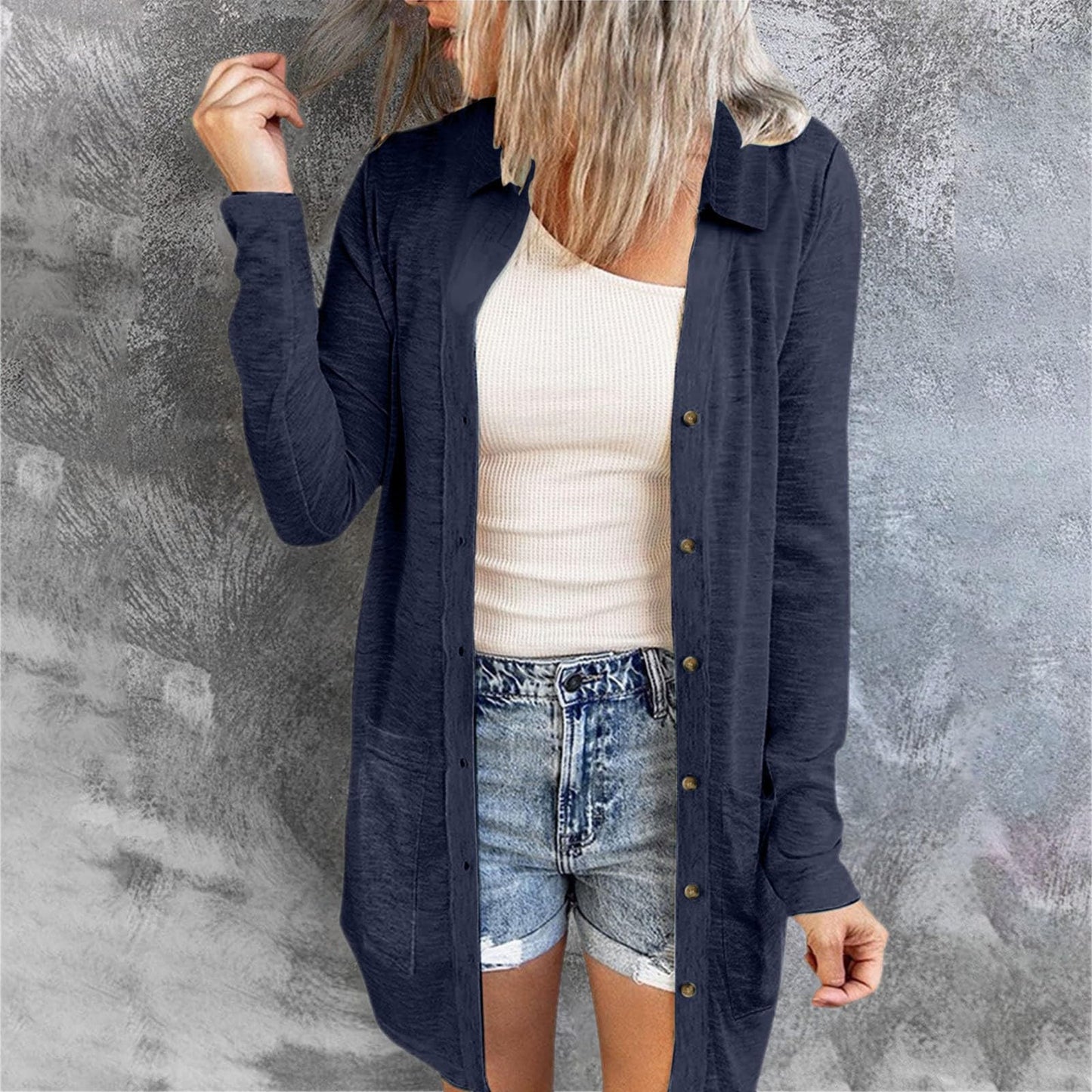 Women's Button Double Pocket Solid Color Casual Polo Collar Long Cardigans