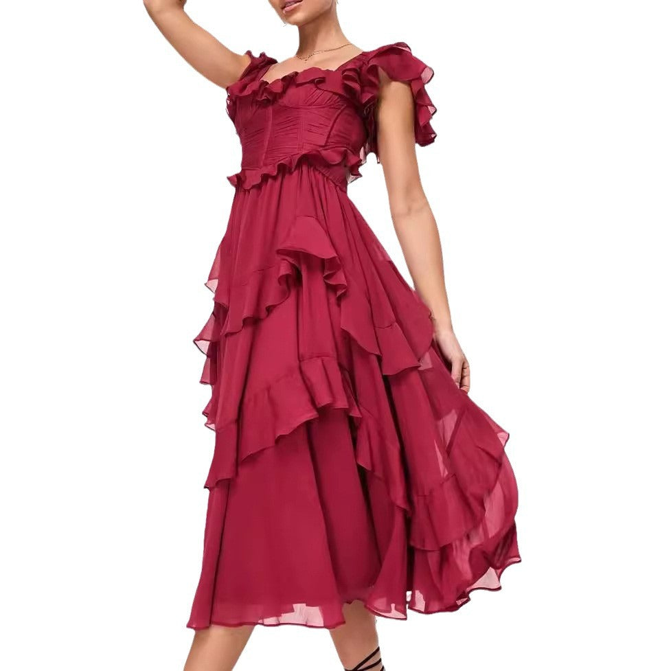Holiday Lace Backless Cake Ruffled Pleated Dress